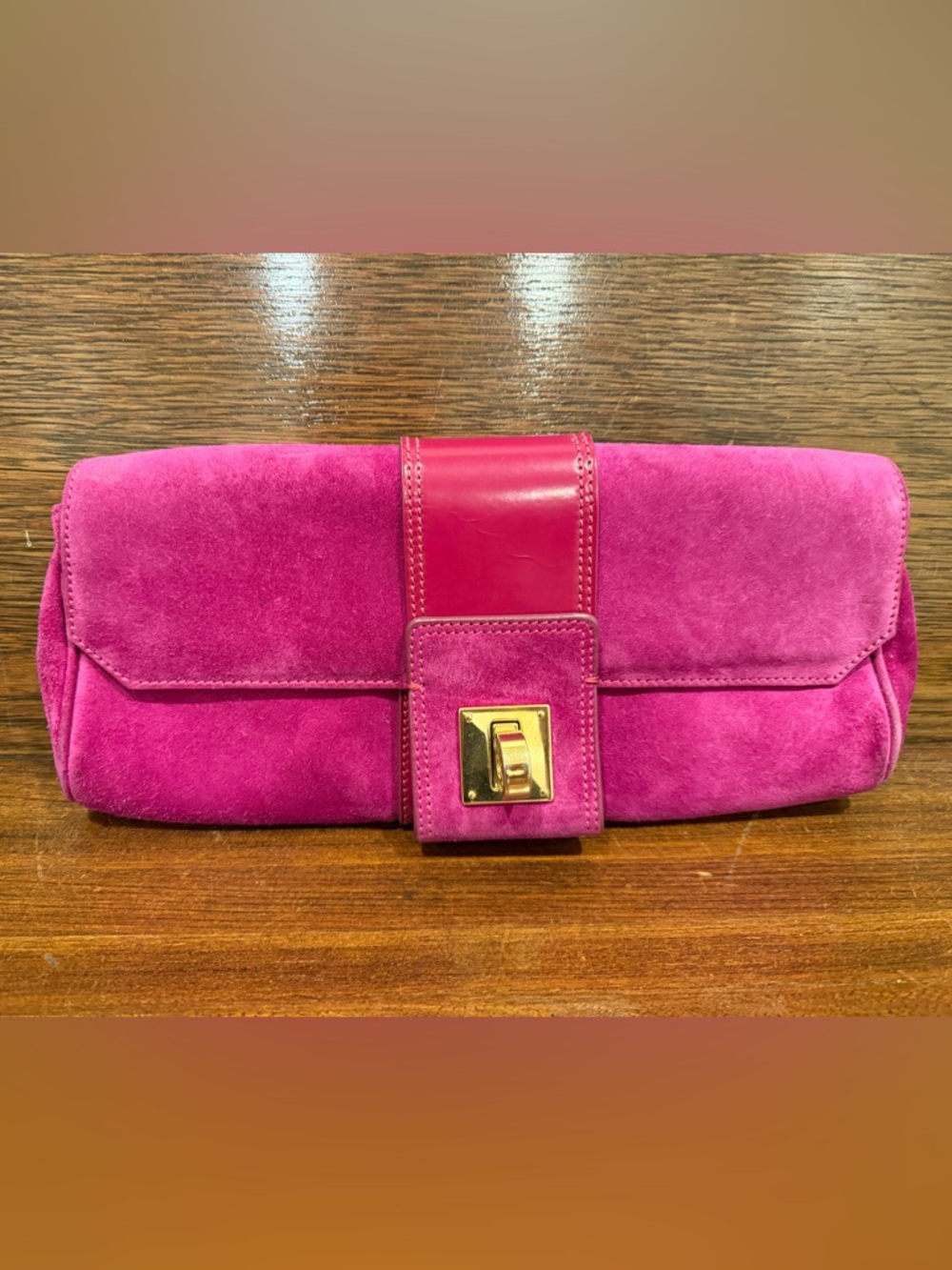 Emporio Armani Hot Pink Suede & Leather Clutch with Gold Hardware